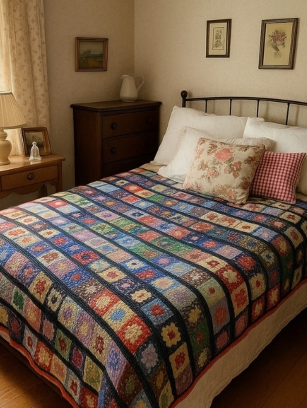Vintage Handmade Granny Square Afghan Multicolor Cottagecore Full Bed
